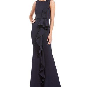 Eliza J Navy Gown w Cascading Front Ruffle Sz 12